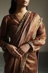 Mimamsaa_Brown Tissue Silk Woven Textured V Neck Francisca Puff Sleeve Blouse _at_Aza_Fashions