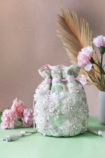 Shop_The Pink Potli_Green Embroidery Bloomingdale Potli _at_Aza_Fashions