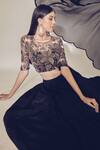 Shop_Premya By Manishii_Black Tulle, Chiffon, Tussar Silk Round Embroidered Blouse And Lehenga Set _at_Aza_Fashions