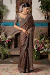 Shop_Megha & Jigar_Brown Satin Georgette V Neck Embroidered Saree With Blouse  _at_Aza_Fashions