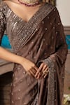 Megha & Jigar_Brown Satin Georgette V Neck Embroidered Saree With Blouse  _Online_at_Aza_Fashions