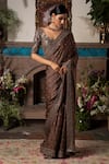 Shop_Megha & Jigar_Brown Satin Georgette Embroidery V Neck Saree With Blouse  _at_Aza_Fashions