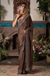 Megha & Jigar_Brown Satin Georgette Embroidery V Neck Saree With Blouse  _Online_at_Aza_Fashions