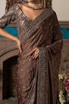 Buy_Megha & Jigar_Brown Satin Georgette Embroidery V Neck Saree With Blouse  _Online_at_Aza_Fashions