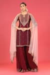 Megha & Jigar_Maroon Raw Silk Keyhole Embroidered Kurta Sharara Set  _Online_at_Aza_Fashions