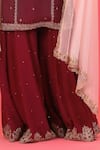 Megha & Jigar_Maroon Raw Silk Keyhole Embroidered Kurta Sharara Set  _at_Aza_Fashions