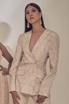 Shop_Premya By Manishii_Beige Crepe Silk Lapel Collar Printed Blazer And Sharara Set _Online_at_Aza_Fashions