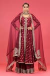 Megha & Jigar_Maroon Chanderi V Neck Embroidered Jacket And Sharara Set  _Online_at_Aza_Fashions