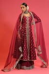 Shop_Megha & Jigar_Maroon Chanderi V Neck Embroidered Jacket And Sharara Set  _at_Aza_Fashions