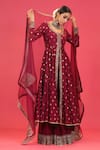 Buy_Megha & Jigar_Maroon Chanderi V Neck Embroidered Jacket And Sharara Set  _at_Aza_Fashions