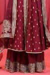 Shop_Megha & Jigar_Maroon Chanderi V Neck Embroidered Jacket And Sharara Set  _Online_at_Aza_Fashions