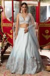 Buy_Megha & Jigar_Blue Raw Silk Embroidery V Neck Bridal Lehenga Set  _at_Aza_Fashions