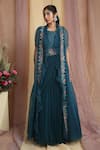 Buy_Miku Kumar_Blue Georgette Embroidered Floral Motifs Gown Draped With Cape  _at_Aza_Fashions