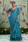 Buy Miku Kumar Blue Silk And Georgette Sweetheart Neck Pre-draped Saree With Blouse at Aza Fashions Buy_Miku Kumar_Blue Silk And Georgette Sweetheart Neck Pre-draped Saree With Blouse _at_Aza_Fashions
