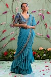 Miku Kumar Blue Silk And Georgette Sweetheart Neck Pre-draped Saree With Blouse Online at Aza Fashions Miku Kumar_Blue Silk And Georgette Sweetheart Neck Pre-draped Saree With Blouse _Online_at_Aza_Fashions