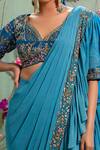 Shop Miku Kumar Blue Silk And Georgette Sweetheart Neck Pre-draped Saree With Blouse Online at Aza Fashions Shop_Miku Kumar_Blue Silk And Georgette Sweetheart Neck Pre-draped Saree With Blouse _Online_at_Aza_Fashions