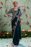 Miku Kumar_Green Georgette Embellished Lapel Embroidered Jacket With Draped Saree  _Online_at_Aza_Fashions