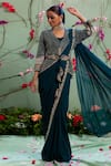 Buy_Miku Kumar_Green Georgette Embellished Lapel Embroidered Jacket With Draped Saree  _at_Aza_Fashions