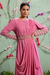 Buy_Miku Kumar_Pink Georgette And Net Embroidery Round Draped Kurta & Palazzo Pant Set _Online_at_Aza_Fashions