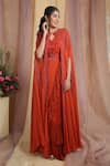 Buy_Miku Kumar_Red Georgette Embroidered V Neck Pre-draped Saree With Cape  _Online_at_Aza_Fashions