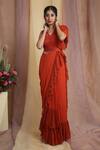 Shop_Miku Kumar_Red Georgette Embroidered V Neck Pre-draped Saree With Cape  _Online_at_Aza_Fashions