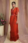 Miku Kumar_Red Georgette Embroidered V Neck Pre-draped Saree With Cape  _at_Aza_Fashions