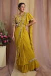 Buy_Miku Kumar_Yellow Georgette Embroidered Floral Motifs Round Pre-draped Saree Set  _at_Aza_Fashions