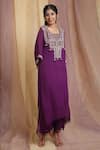 Shop_Miku Kumar_Purple Georgette Embroidered Bead Work Round Hand Kaftan And Pant Set _at_Aza_Fashions