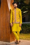 Buy_Kalista_Yellow Kurta And Pant Chanderi Silk Printed Floral Motifs Farhan Bundi & Set _at_Aza_Fashions