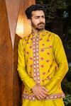 Shop_Kalista_Yellow Kurta And Pant Chanderi Silk Printed Floral Motifs Farhan Bundi & Set _at_Aza_Fashions