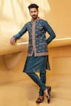 Buy_Kalista_Blue Kurta And Churidar Chanderi Silk Printed Floral Motifs Farhan Bundi & Set _at_Aza_Fashions