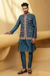 Kalista_Blue Kurta And Churidar Chanderi Silk Printed Floral Motifs Farhan Bundi & Set _Online_at_Aza_Fashions