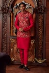 Buy_Kalista_Red Viscose Silk Printed Floral Mazhar Bundi And Chanderi Kurta Set _at_Aza_Fashions