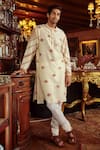 Buy_Kalista_Beige Chanderi Floral, Stripe Danish Kurta Set _at_Aza_Fashions