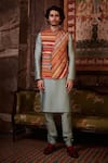 Buy_Kalista_Multi Color Bundi Raw Silk Printed Stripe Izhaan And Chanderi Kurta Set _at_Aza_Fashions