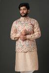 Minaki_Peach Printed Bundi And Kurta Set _Online_at_Aza_Fashions