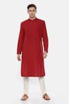 Mayank Modi - Men_Red Malai Cotton Overlap Kurta Set _Online_at_Aza_Fashions