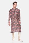 Mayank Modi - Men_Wine Muslin Printed Botanical Kurta Set _Online_at_Aza_Fashions