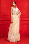 Buy_Mahima Mahajan_White Organza Embroidery V Neck Pre-draped Saree With Blouse _at_Aza_Fashions