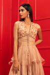 Buy_Mahima Mahajan_Beige Organza Embroidery V Neck Peplum Top And Palazzo Set _Online_at_Aza_Fashions