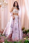 Buy_Mahima Mahajan_Pink Satin Organza Hand Embroidered Floral Pattern Plunge Juliette Lehenga Set _Online_at_Aza_Fashions