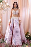 Buy_Mahima Mahajan_Pink Satin Organza Hand Embroidered Floral Pattern Plunge Juliette Lehenga Set _at_Aza_Fashions