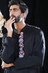 Mahima Mahajan_Black Satin Organza Embroidered Floral Clement Leon Mandarin Collar Kurta Set _Online_at_Aza_Fashions