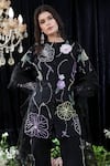 Mahima Mahajan_Black Satin Organza Hand Embroidered Floral Pattern High Emily Jacket Pant Set _at_Aza_Fashions