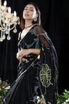 Buy_Mahima Mahajan_Black Velvet Embroidered Floral Pattern V Neck Zoe Hand Saree With Blouse _Online_at_Aza_Fashions