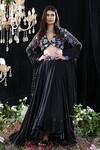 Buy_Mahima Mahajan_Black Satin Organza Hand Embroidered Floral Pattern Plunge V Marie Lehenga Set _at_Aza_Fashions