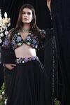 Buy_Mahima Mahajan_Black Satin Organza Hand Embroidered Floral Pattern Plunge V Marie Lehenga Set _Online_at_Aza_Fashions