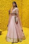 Mahima Mahajan_Peach Banarasi Chanderi Woven Floral V Neck Ehsaas Bridal Lehenga Set _Online_at_Aza_Fashions