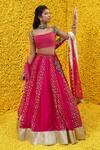 Buy_Mahima Mahajan_Pink Organza, Shantoon, Banarasi Chanderi Floral Cowl Tara Bridal Lehenga Set _at_Aza_Fashions