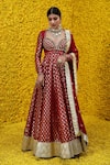 Buy_Mahima Mahajan_Maroon Banarasi Chanderi Woven Floral Sweetheart Noorie Anarkali With Dupatta _at_Aza_Fashions